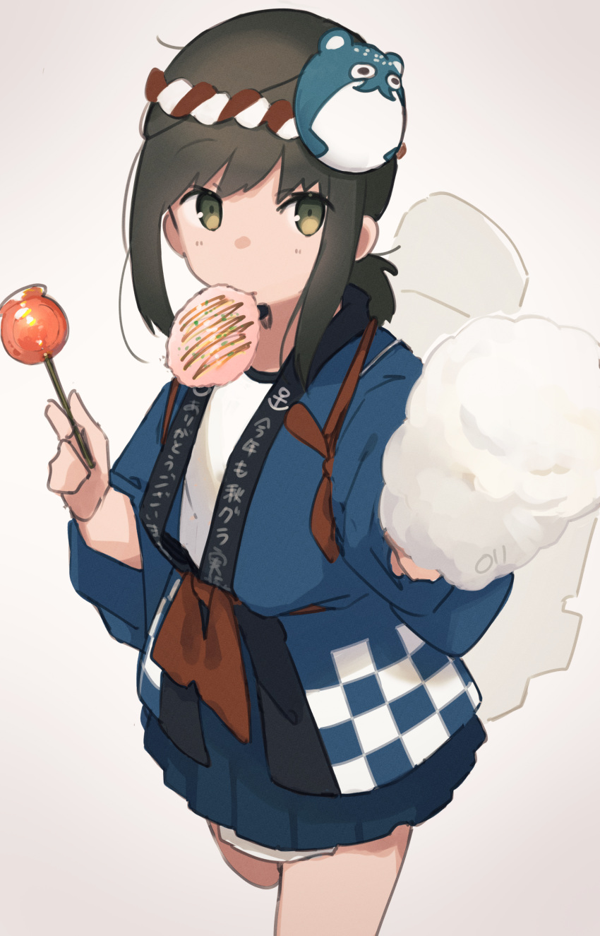 1girl, absurdres, anchor_symbol, black_hair, blue_shirt, bokukawauso, candy, candy_apple