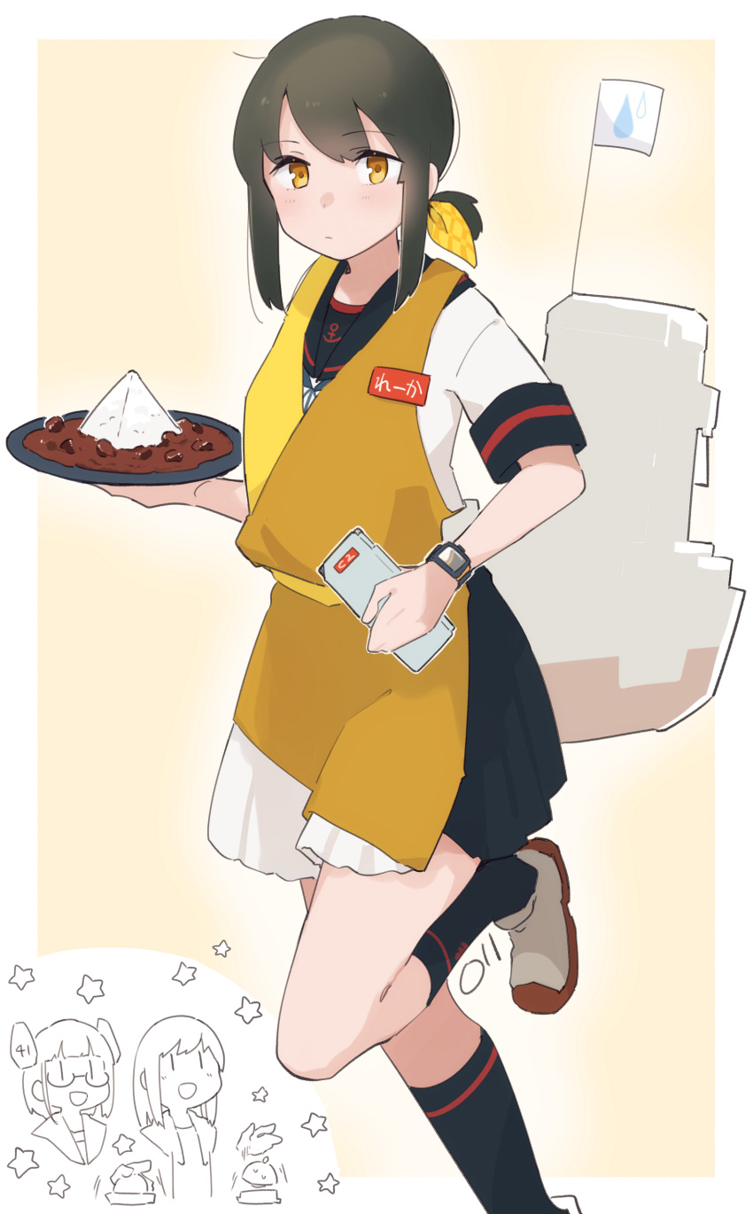 3girls, absurdres, alternate_eye_color, anchor_symbol, apron, bell, black_sailor_collar, black_skirt, black_socks, blue_neckerchief, blush, border, breasts, brown_hair, c2-chan, c2_kikan, chibi, chibi_inset, commentary, cosplay, curry, flag, food, foot_out_of_frame, fubuki_(kancolle), fubuki_(kancolle)_(cosplay), fubuki_kai_ni_(kancolle), fubuki_kai_ni_(kancolle)_(cosplay), grey_shoes, hair_ribbon, highres, holding, holding_food, holding_plate, i-41_(kancolle), kantai_collection, kneehighs, leg_up, looking_at_viewer, low_ponytail, ma_rukan, medium_breasts, medium_hair, multiple_girls, neckerchief, official_alternate_costume, outside_border, plate, pleated_skirt, ponytail, pout, re-ka-chan, red_shoes, ribbon, rice, rigging, sailor_collar, shirt, shoes, short_sleeves, sidelocks, signature, skirt, socks, solo_focus, standing, star_(symbol), thighs, untranslatable_commentary, watch, watch, water_drop, white_border, white_shirt, yellow_apron, yellow_background, yellow_eyes, yellow_ribbon
