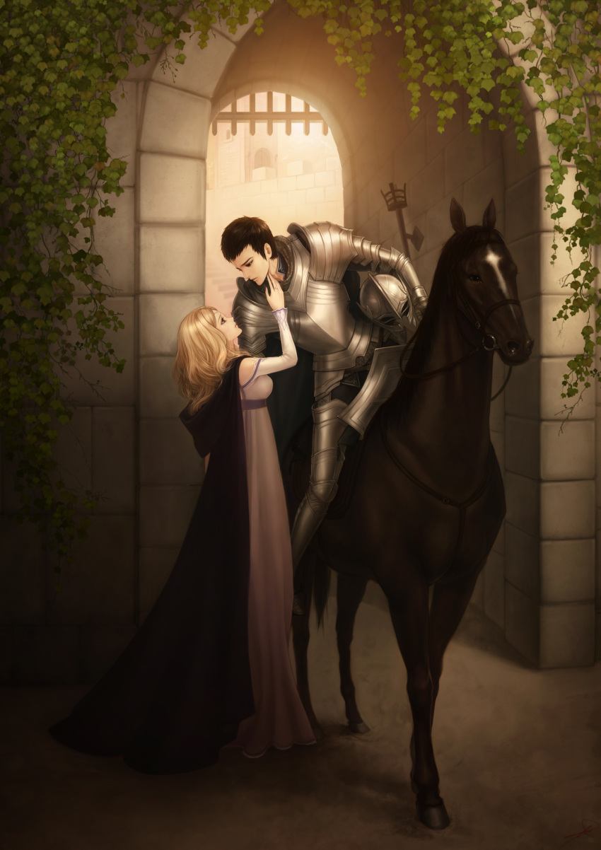 almost_kiss, animal, armor, artist_request, blonde_hair, brown_hair, cloak, couple, crying, dress, duo, helmet, horse, jewelry, kiss, knight, original, riding, ring, shield, short_hair, sunlight, tears, violet_eyes, warrior