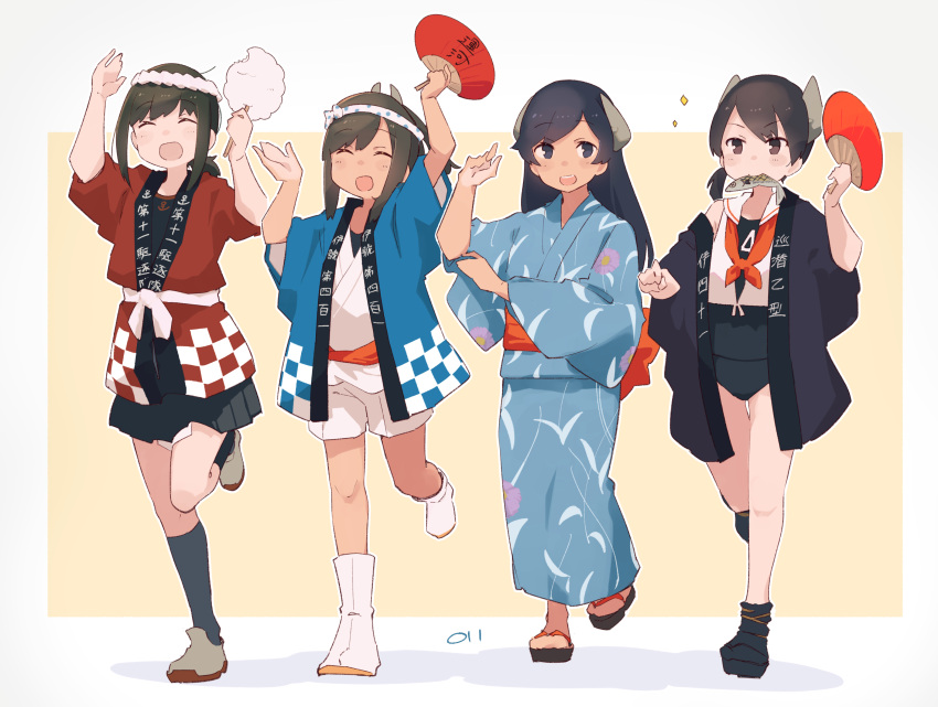 4girls, :d, alternate_costume, anchor_symbol, black_eyes, black_hair, black_kimono, black_one-piece_swimsuit, black_shirt, black_skirt, black_socks, blue_kimono, blush, border, brown_eyes, brown_hair, closed_eyes, clothes_writing, commentary_request, cotton_candy, cropped_shirt, fish_(food), fish_in_mouth, floral_print, food, fubuki_(festival)_(kancolle), fubuki_(kancolle), fubuki_kai_ni_(kancolle), grey_sandals, grilled_fish, hachimaki, hair_between_eyes, hand_fan, happi, headband, headgear, highres, holding, holding_cotton_candy, holding_food, i-400_(kancolle), i-400_(yukata)_(kancolle), i-401_(autumn_festival)_(kancolle), i-401_(kancolle), i-41_(kancolle), i-41_(saury_festival)_(kancolle), japanese_clothes, kantai_collection, kimono, kneehighs, long_hair, looking_at_viewer, low_ponytail, ma_rukan, medium_hair, multiple_girls, neckerchief, nejiri_hachimaki, obi, official_alternate_costume, one-piece_swimsuit, open_clothes, open_kimono, open_mouth, orange_neckerchief, outline, outside_border, paper_fan, pleated_skirt, ponytail, red_kimono, sailor_collar, sandals, sash, school_swimsuit, shirt, shorts, side-by-side, sidelocks, signature, simple_background, skirt, smile, socks, sparkle, swimsuit, swimsuit_under_clothes, tan, translation_request, uchiwa, white_border, white_outline, white_sailor_collar, white_shirt, white_shorts, wide_sleeves, yellow_background, yukata
