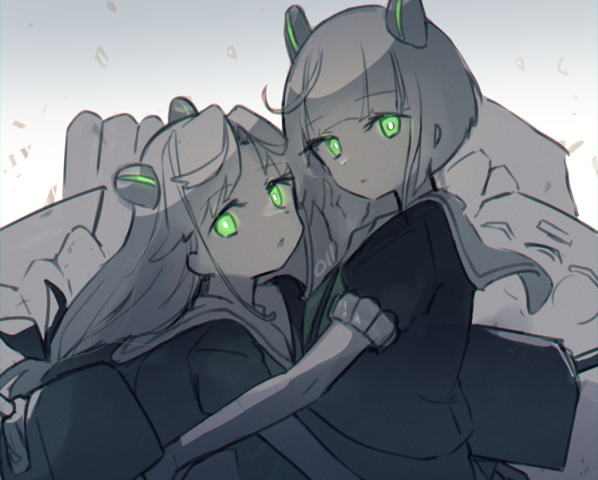 2girls, abyssal_bamboo_princess, abyssal_ship, blunt_bangs, colored_skin, commentary_request, destroyer_forest_princess, green_eyes