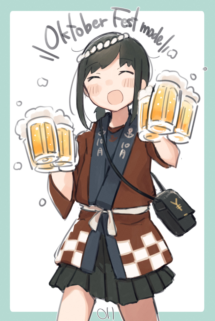 1girl, alcohol, beer, beer_mug, black_skirt, blue_shirt, blush, brown_hair