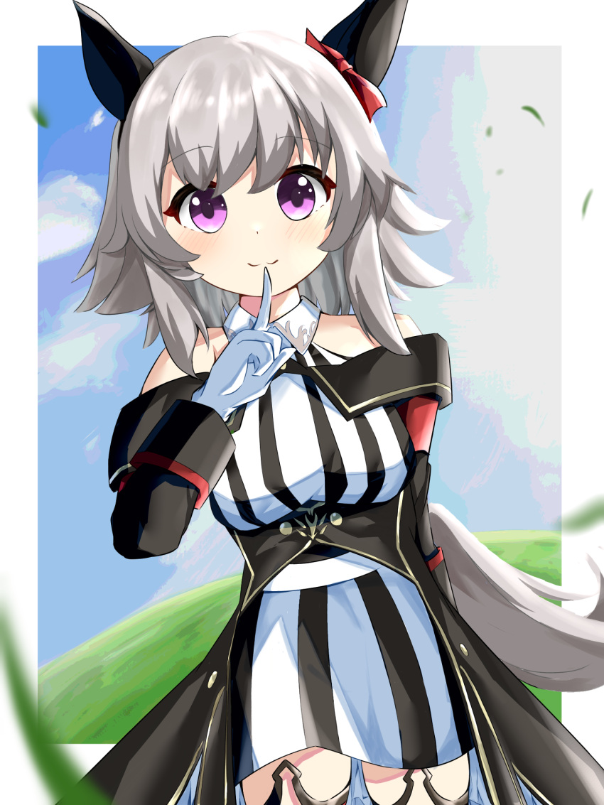 1girl, animal_ears, bare_shoulders, blue_sky, blush, bow, breasts, closed_mouth, clouds, coat, commentary_request, curren_chan_(fille_eclair)_(umamusume), curren_chan_(umamusume), dress, ear_bow, ear_covers, finger_to_mouth, gloves, grey_hair, highres, horse_ears, horse_girl, horse_tail, index_finger_raised, long_sleeves, looking_at_viewer, medium_breasts, norinori0328061, off-shoulder_coat, off-shoulder_dress, off-shoulder_jacket, off_shoulder, outdoors, red_bow, short_hair, sky, smile, solo, striped_clothes, striped_dress, tail, thigh-highs, umamusume, vertical-striped_clothes, vertical-striped_dress, violet_eyes, white_gloves