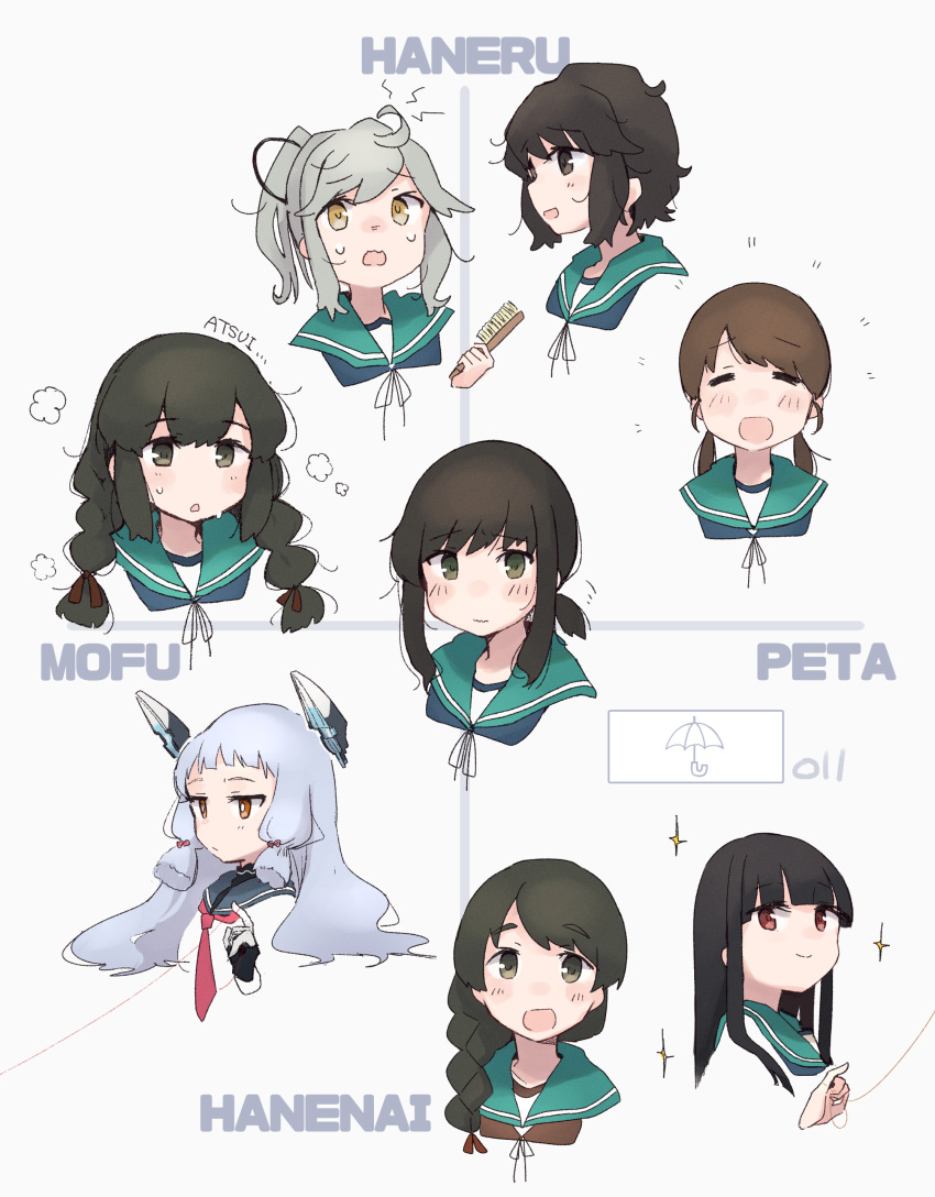 6+girls, absurdres, biaxial_model, black_hair, blue_sailor_collar, blunt_bangs, blush, braid