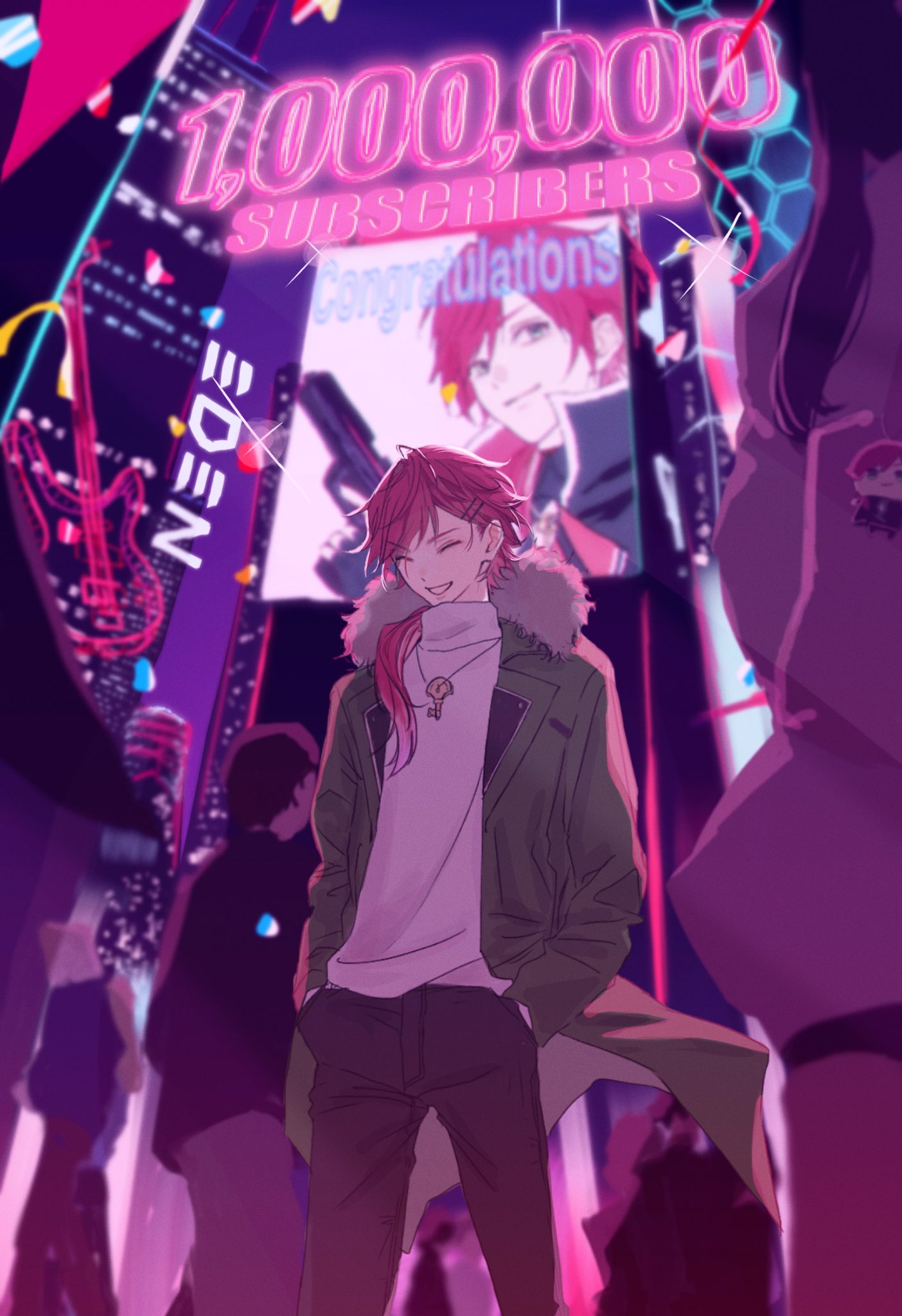 1boy, alternate_costume, black_pants, cityscape, closed_eyes, commentary, congratulations, cyberpunk