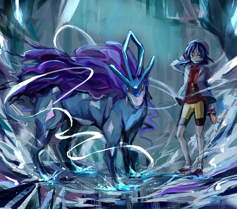 1girl, bike_shorts, blue_hair, crystal_(pokemon), jacket, jewelry, muku0615, necklace