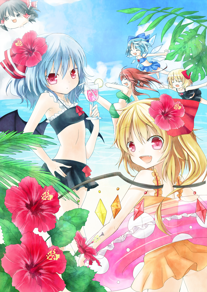 :d, ^_^, bandeau, bat_wings, beach, bikini_skirt, blonde_hair, blue_hair, blush, bow, casual_one-piece_swimsuit, cirno, closed_eyes, cloud, drink, eyes_closed, fang, flandre_scarlet, flower, flying, hair_bow, hair_flower, hair_ornament, hair_ribbon, hakurei_reimu, hibiscus, hong_meiling, innertube, long_hair, looking_at_viewer, looking_back, mi_hitsuji, multiple_girls, ocean, one-piece_swimsuit, open_mouth, outstretched_arms, red_eyes, red_hair, redhead, remilia_scarlet, ribbon, rumia, short_hair, side_ponytail, sky, smile, spread_arms, straw, swimsuit, the_embodiment_of_scarlet_devil, touhou, water, wings, yukkuri_shiteitte_ne