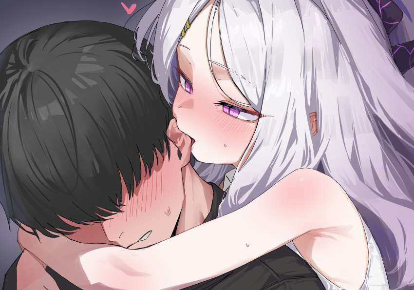 1boy, 1girl, absurdres, arms_around_neck, biting, biting_ear, black_horns, black_shirt
