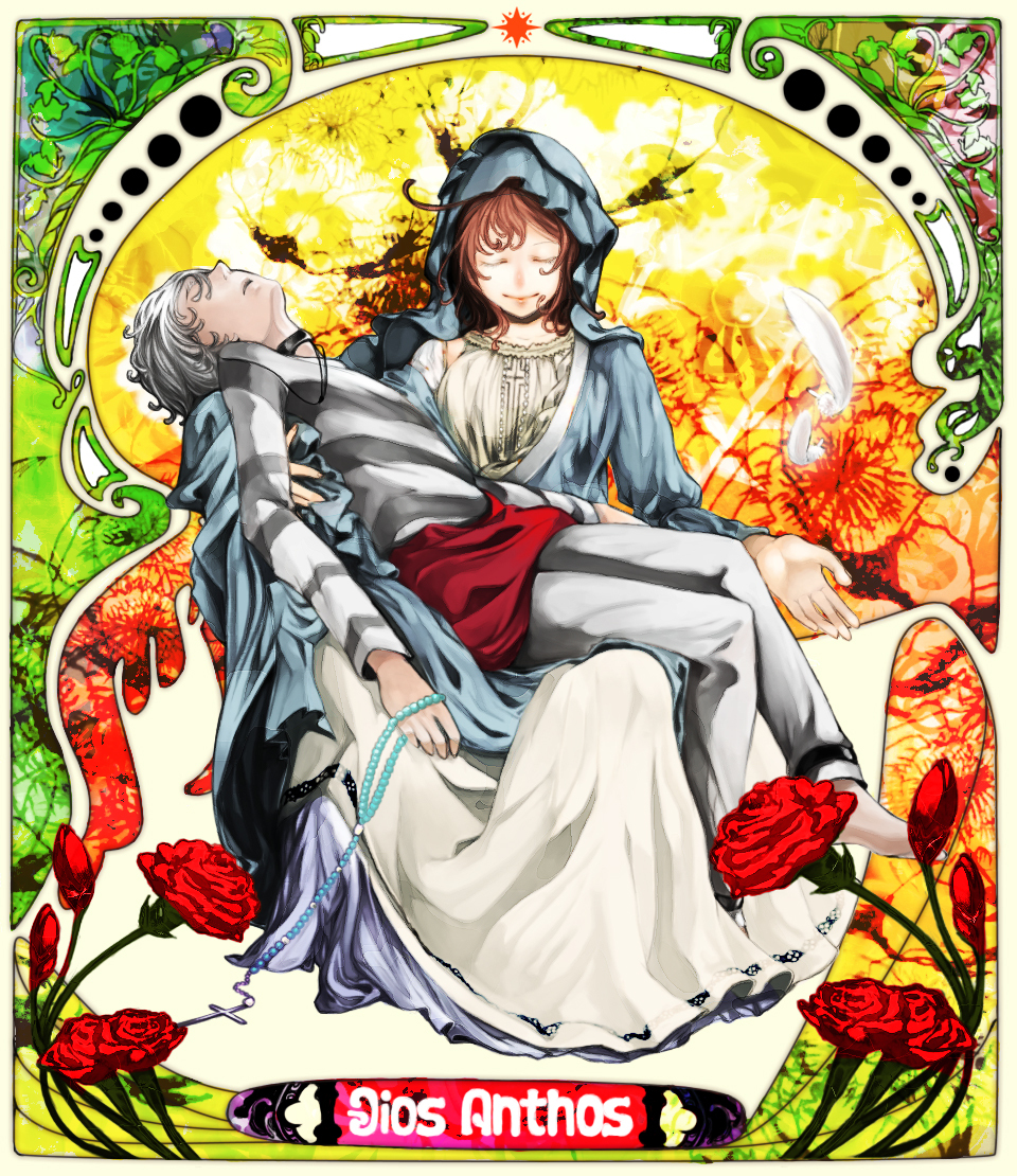 adult, art_nouveau, barefoot, brown_hair, choker, closed_eyes, cross, eyes_closed