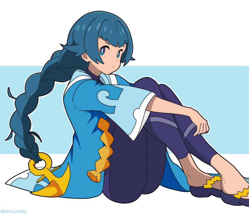 1girl, aged_up, artist_name, blue_eyes, blue_hair, bodysuit, bright_pupils, diving_suit, full_body, highres, hugging_own_legs, knees_up, lana_(pokemon), lanaposting, long_hair, looking_at_viewer, no_sclera, pokemon, pokemon_sun_and_moon, simple_background, sitting, solo, swimsuit, swimsuit_under_clothes, very_long_hair, wave_print, wetsuit, white_pupils