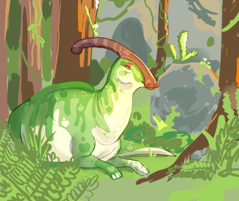 animal_focus, closed_eyes, colored_skin, commentary, day, dinosaur, english_commentary, fern