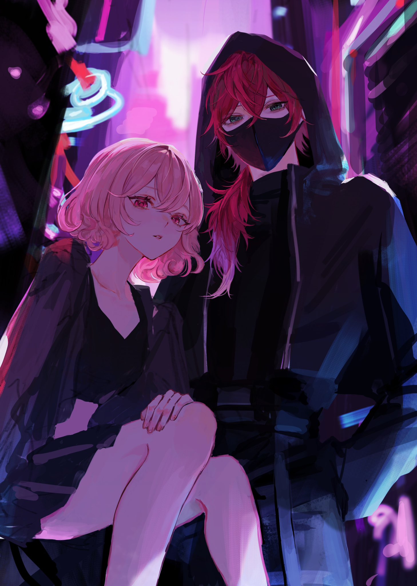 1boy, 1girl, alternate_costume, black_jacket, black_shirt, black_skirt, covered_mouth, crop_top
