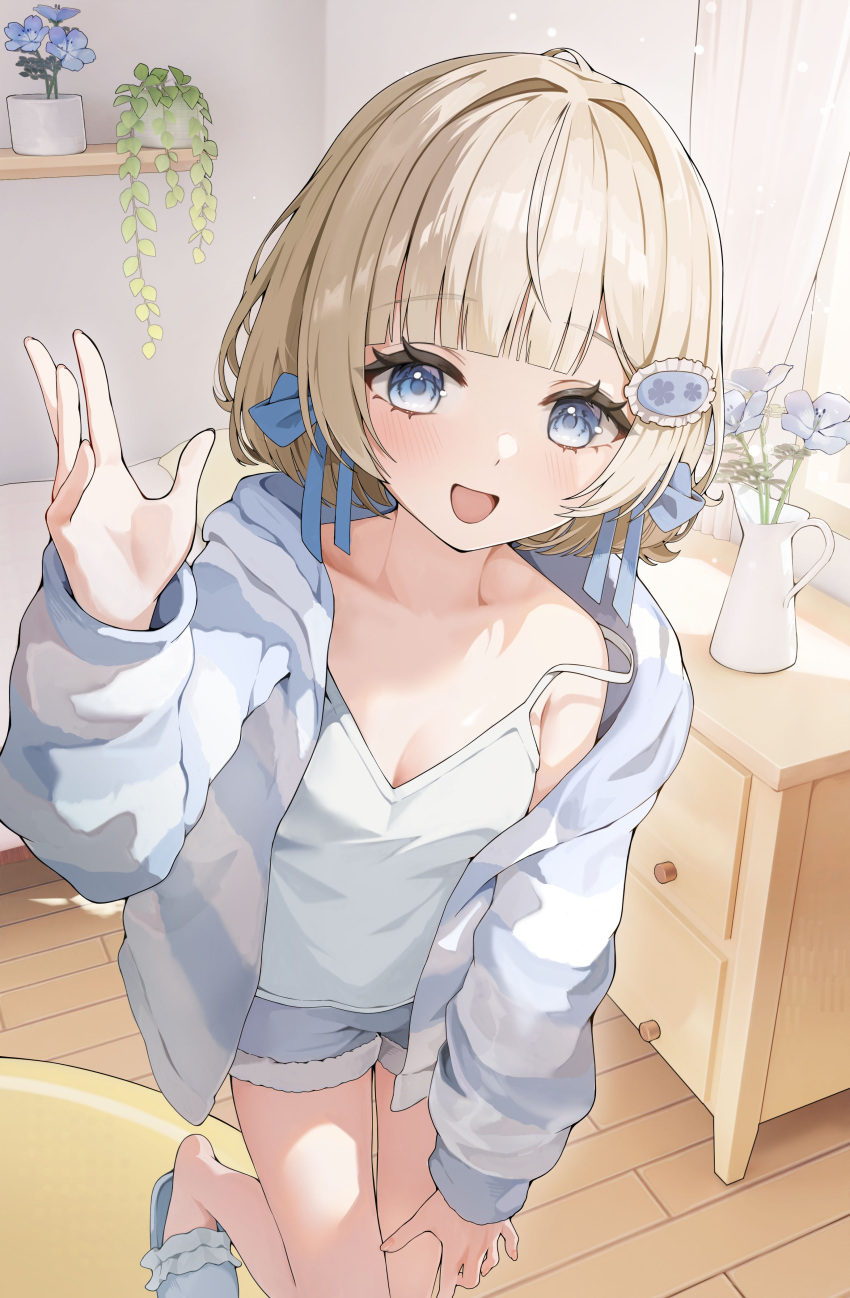 1girl, :d, absurdres, blue_flower, blue_hair, blue_jacket, blue_ribbon, blue_shorts, blue_slippers, blush, camisole, collarbone, commentary_request, commission, flower, foot_out_of_frame, hair_ornament, hair_ribbon, hand_up, highres, indie_virtual_youtuber, indoors, jacket, kagemoe1003, leg_up, legs, long_sleeves, looking_at_viewer, medium_hair, multicolored_jacket, open_mouth, ribbon, short_shorts, shorts, single_bare_shoulder, slippers, smile, solo, two-tone_jacket, virtual_youtuber, white_camisole, white_jacket, wooden_floor