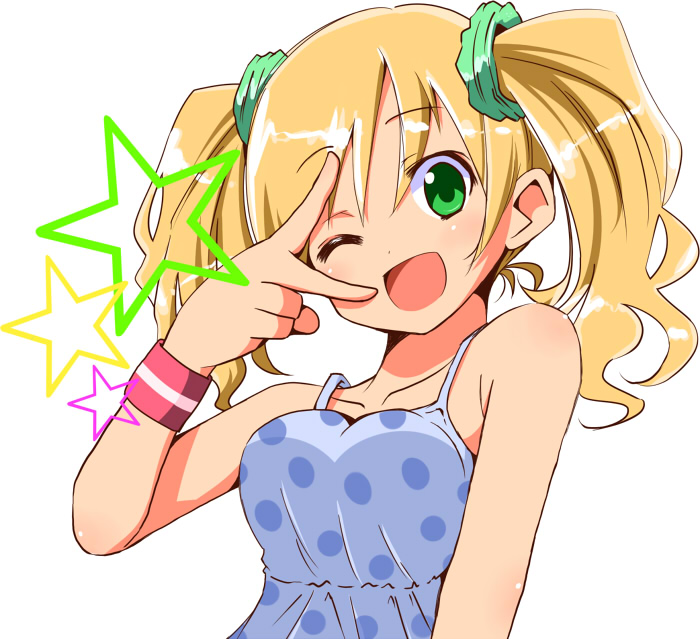 blonde_hair, camisole, green_eyes, happy, long_hair, mikuru_beam, open_mouth, original, polka_dot, scrunchie, smile, solo, star, take_(office-t), twintails, v, wink, wristband