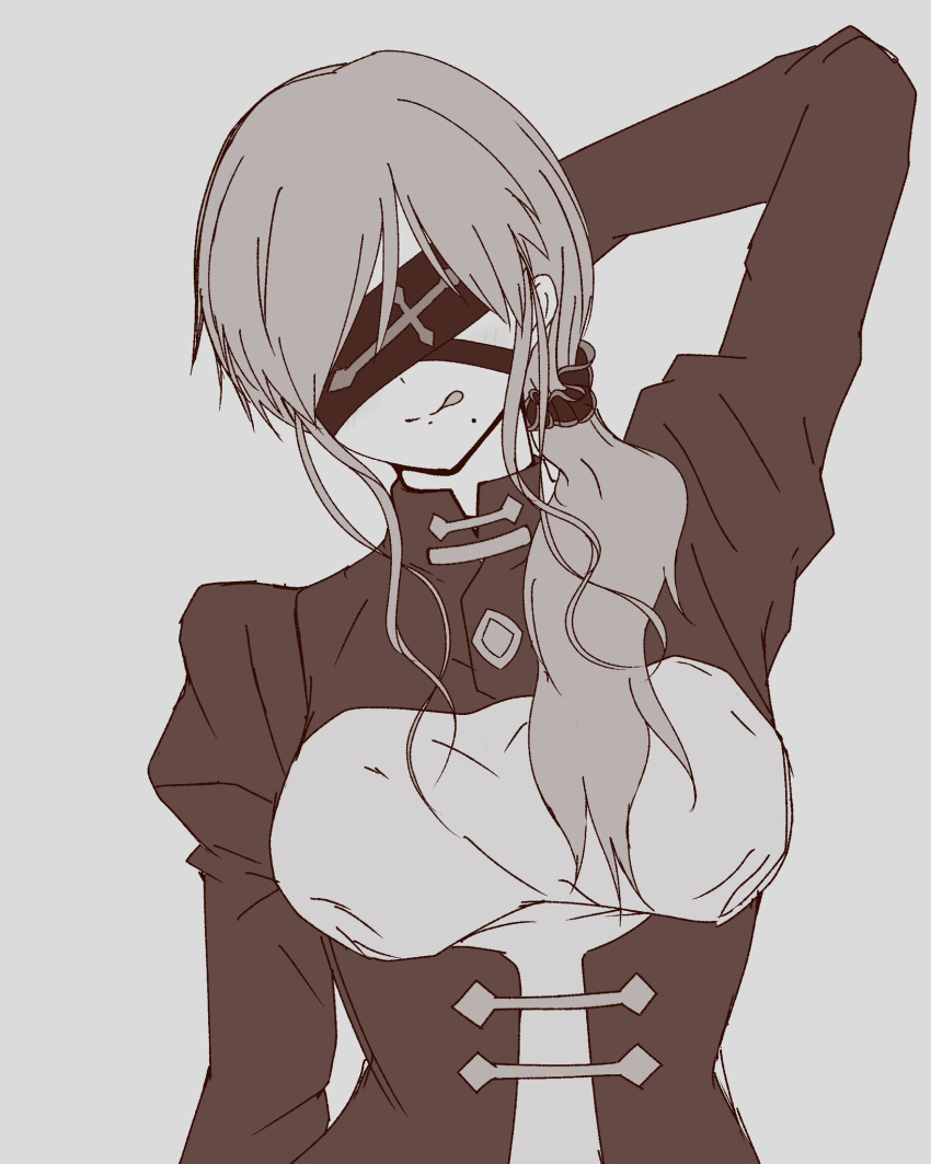 1girl, :q, alternate_costume, arm_behind_head, blindfold, breasts, clothing_cutout, covered_eyes