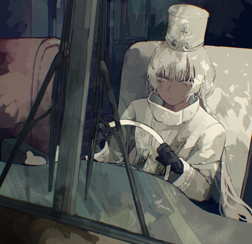 1girl, black_gloves, black_hat, bus_interior, charon_(project_moon), closed_mouth, coat, commentary