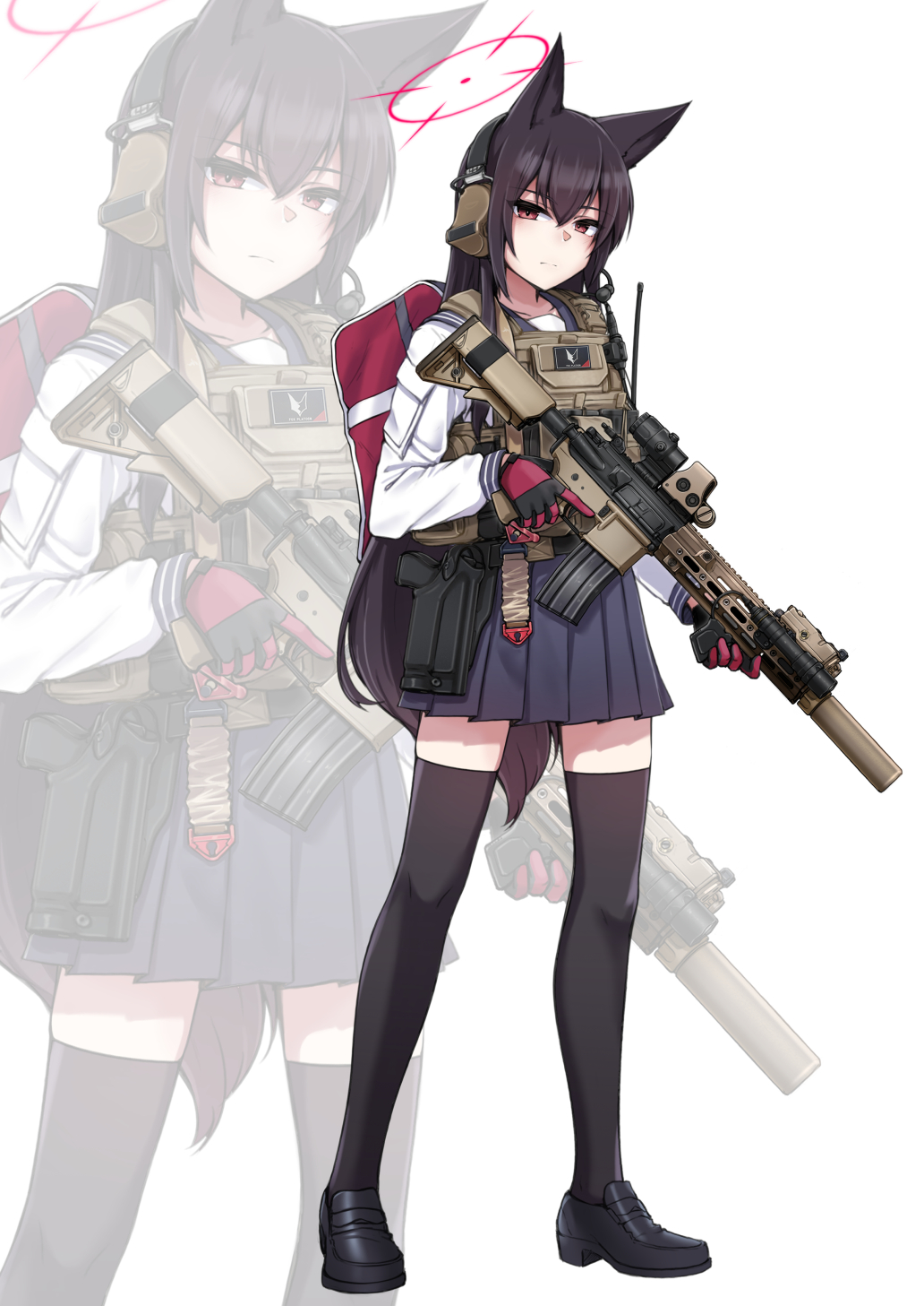 1girl, animal_ears, assault_rifle, backpack, bag, black_hair, black_thighhighs, blue_archive