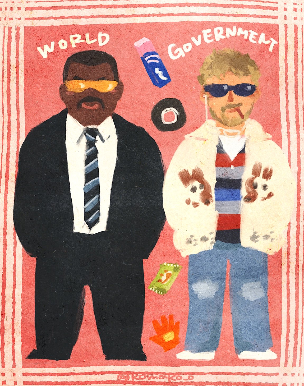 2boys, blonde_hair, carl_(project_hail_mary), casual, commentary_request, dark-skinned_male, dark_skin, english_text, formal_clothes, highres, komako_o, male_focus, minimalism, multiple_boys, necktie, project_hail_mary, round_eyewear, ryland_grace, suit, sunglasses