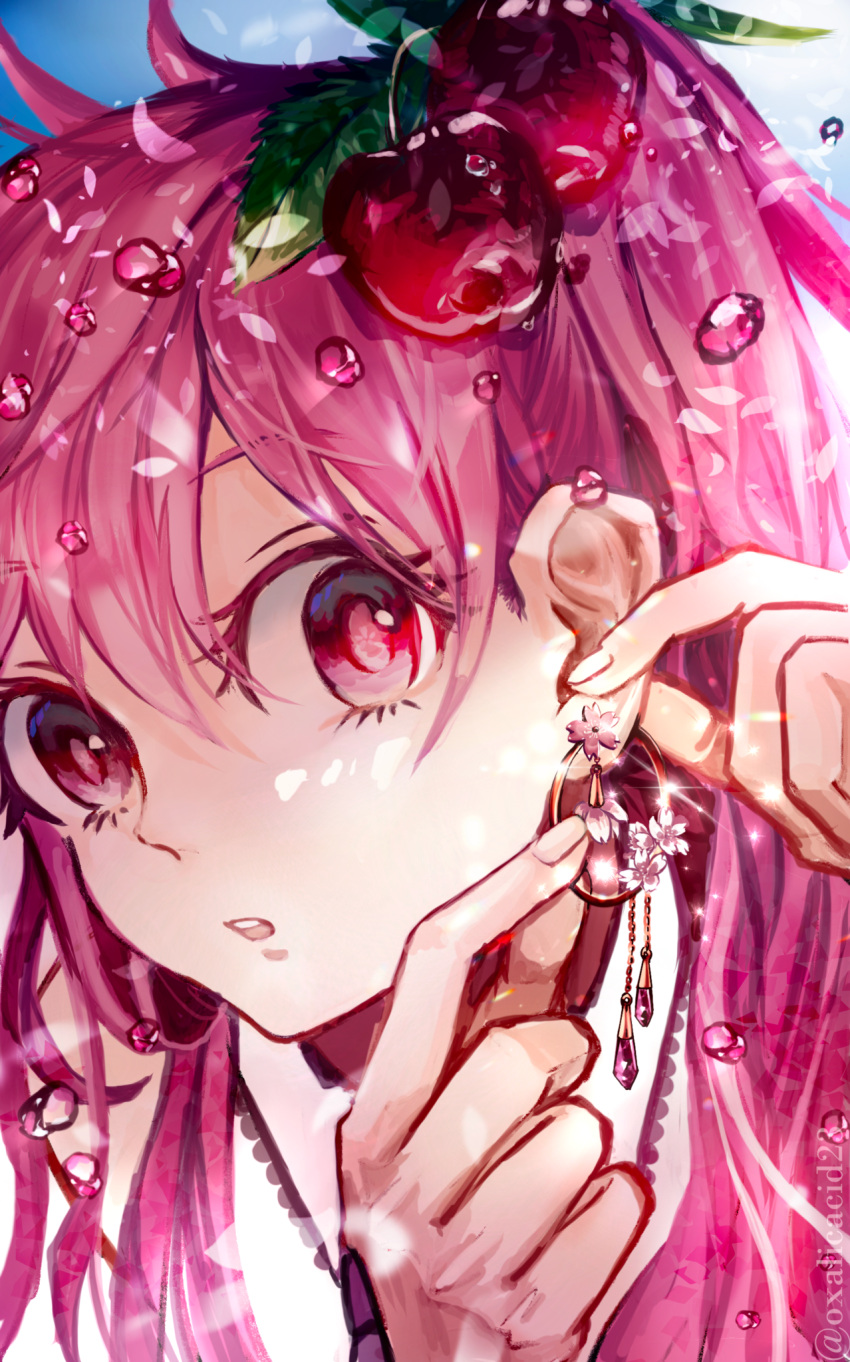 1girl, cherry_hair_ornament, collared_shirt, commentary_request, earrings, fingernails, flower_earrings, food-themed_hair_ornament