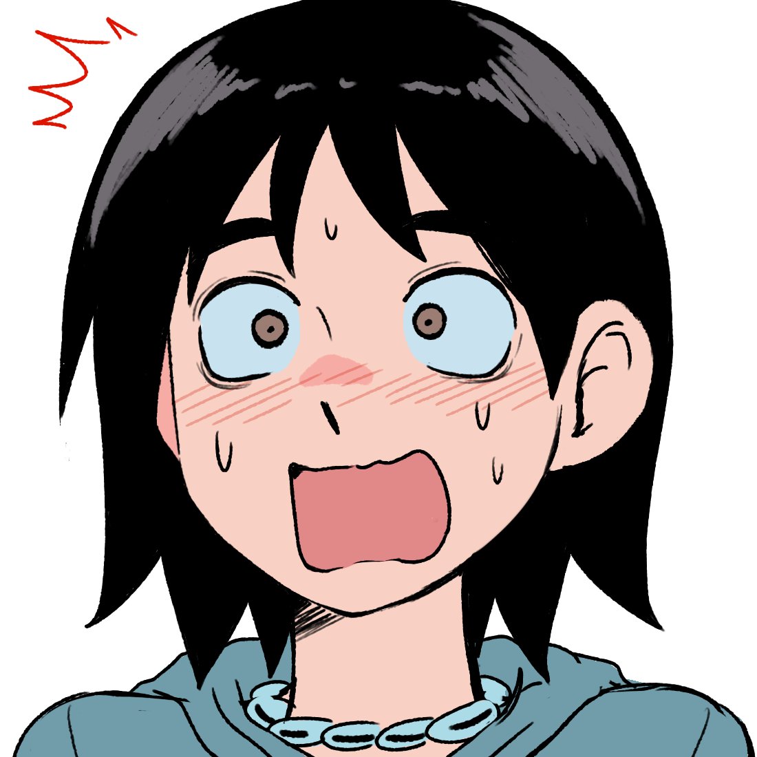 1girl, black_hair, blue_shirt, blush, borrego_tan, collared_shirt, looking_at_viewer, open_mouth