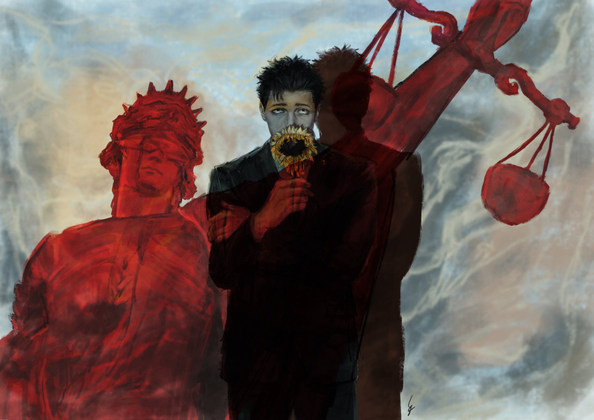 1boy, absurdres, balance_scale, black_hair, black_suit, blindfold, covered_mouth, covering_own_mouth
