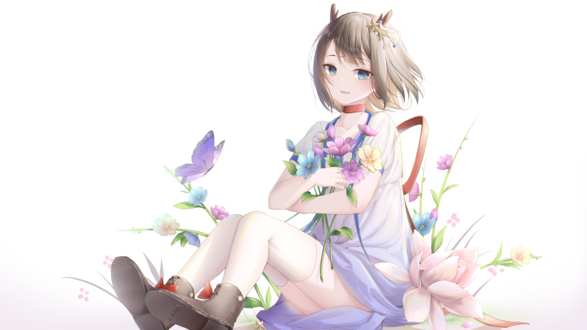 1girl, absurdres, amaroku_neko, antlers, blue_dress, blue_eyes, blush, boots