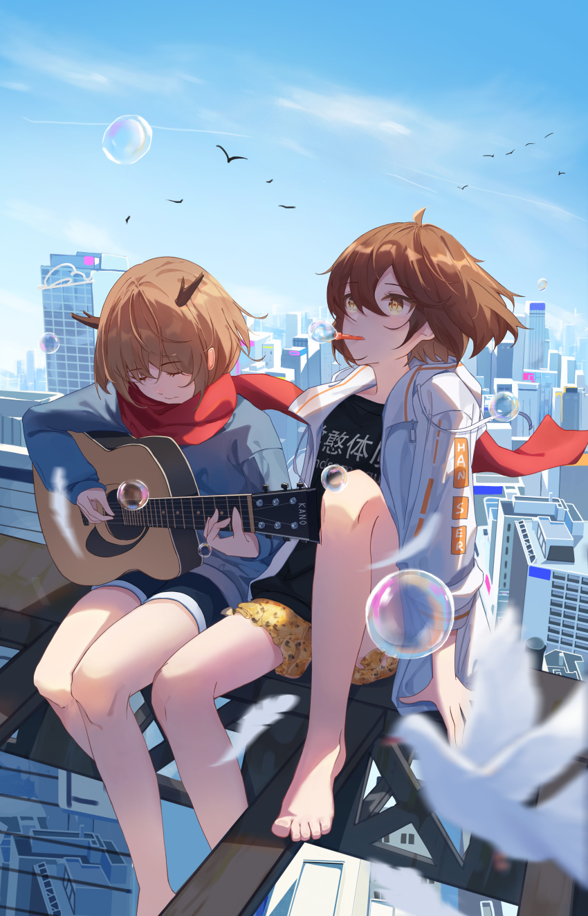 11173, 2girls, absurdres, acoustic_guitar, ahoge, antlers, bird, blue_sky