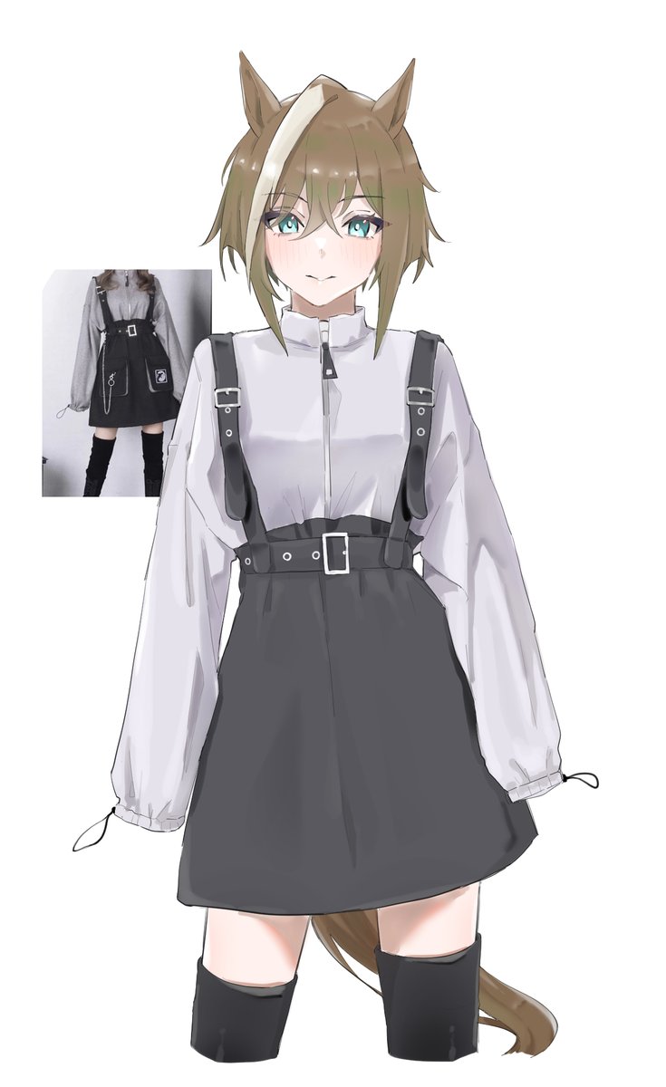 1girl, animal_ears, belt, black_belt, black_skirt, black_thighhighs, brown_hair, cheval_grand_(umamusume), closed_mouth, commentary_request, cropped_legs, green_eyes, grey_jacket, hair_between_eyes, highres, horse_ears, horse_girl, horse_tail, jacket, long_sleeves, looking_at_viewer, multicolored_hair, reference_inset, short_hair, simple_background, skirt, sleeves_past_fingers, sleeves_past_wrists, smile, solo, standing, streaked_hair, suspenders, tail, thigh-highs, tor1goe, umamusume, upper_body, white_background, white_hair