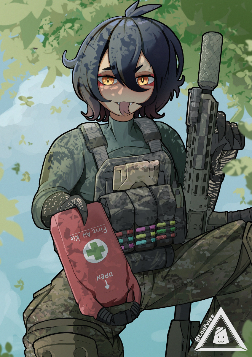 1girl, absurdres, ahoge, ar-15, assault_rifle, black_hair, black_scales, breasts, bulletproof_vest, camouflage, chivalry_starved, english_commentary, evil_grin, evil_smile, fangs, first_aid_kit, grin, gun, hands_on_another's_head, highres, loafviee, massage, medium_breasts, potion, rifle, short_hair, slit_pupils, smile, snake_girl, snake_tail, tail, tank_top, watermark, weapon, woodland_camouflage, xiang_(basedbinkie), yellow_eyes