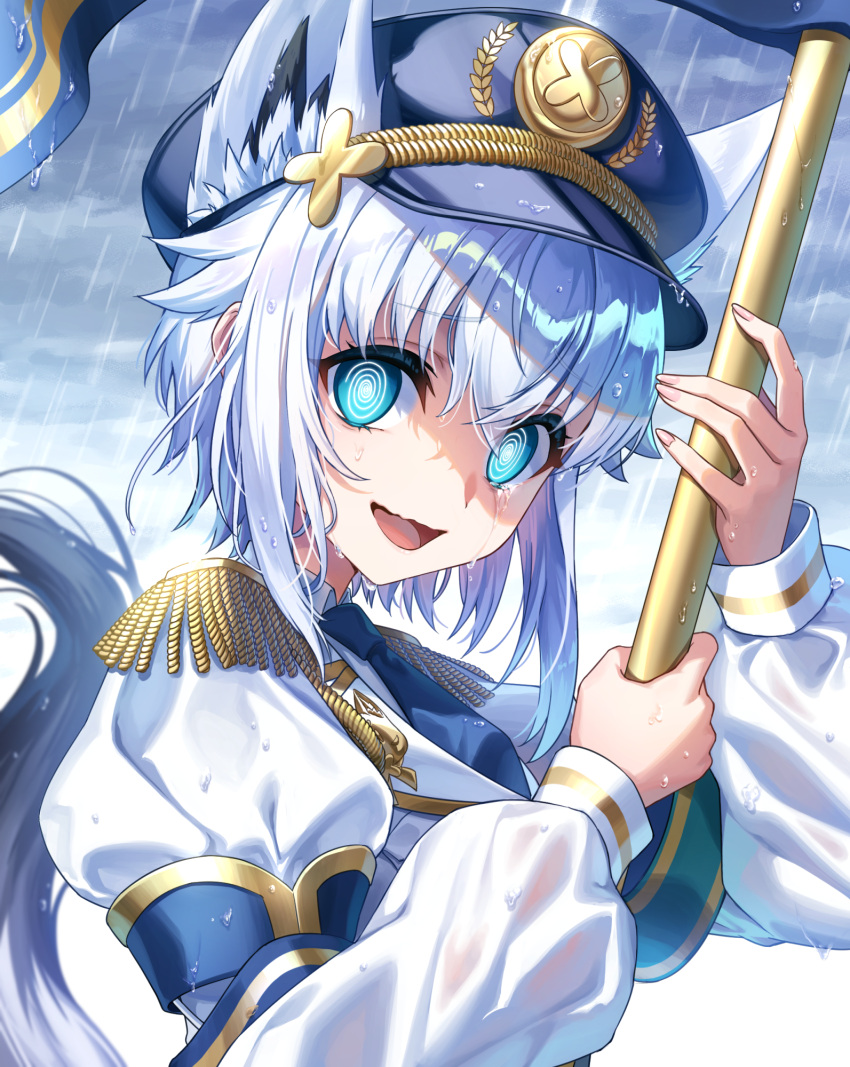 1girl, @_@, ahoge, alternate_hairstyle, animal_ear_fluff, animal_ear_piercing, animal_ears, aqua_eyes