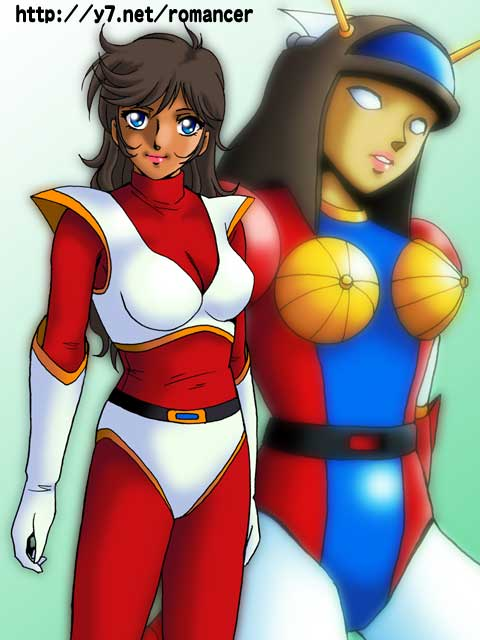 2girls, blue_hair, bodysuit, brown_hair, dark_skin, great_mazinger, honoo_jun, lipstick