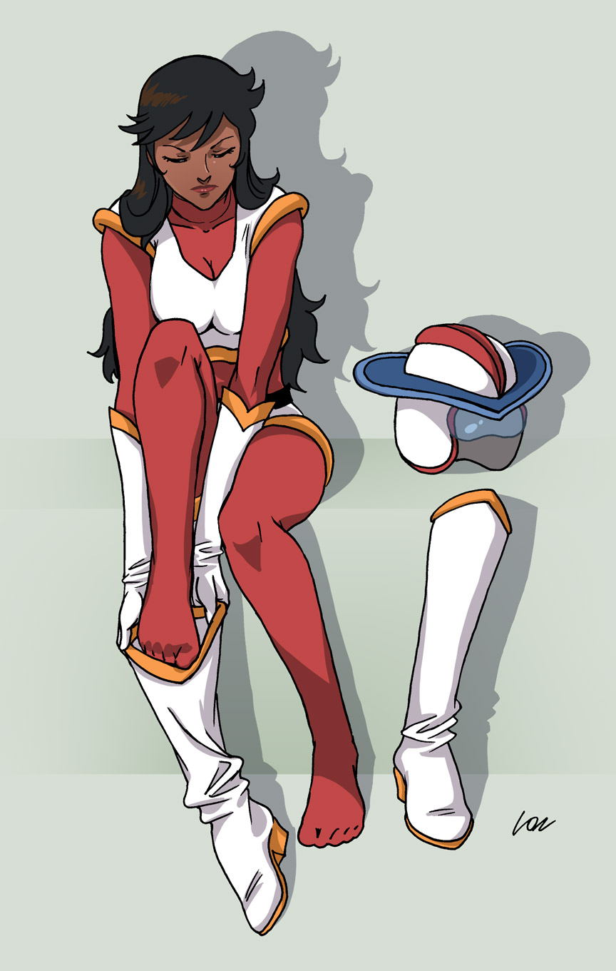 bodysuit, brown_hair, closed_eyes, dark_skin, feet, great_mazinger, honoo_jun, mazinger_z