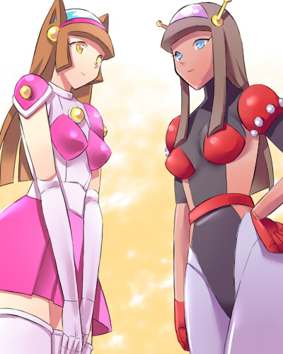 2girls, aphrodite_a, blue_eyes, brown_hair, cat_ears, dark_skin, great_mazinger, honoo_jun