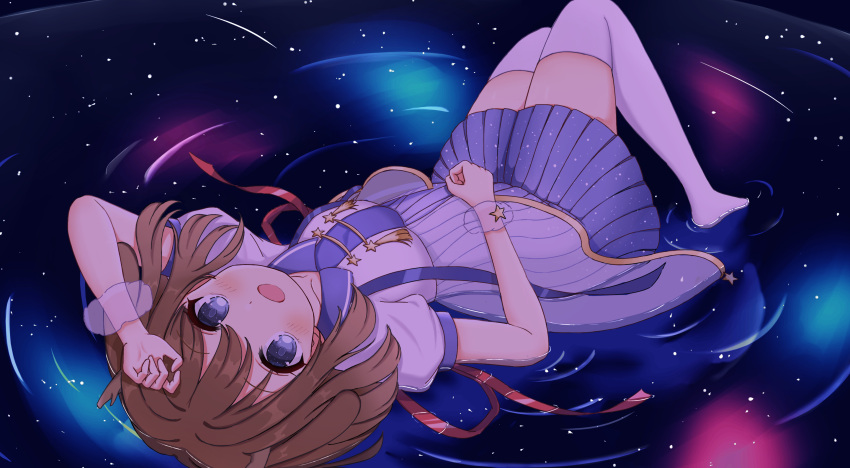 1girl, absurdres, antlers, aurora, blue_dress, blue_eyes, brown_hair, buttons, clouds, constellation, dress, hair_ornament, highres, horns, indie_utaite, kano_(utaite), lying, night, on_back, open_mouth, puffy_short_sleeves, puffy_sleeves, red_ribbon, ribbon, shirt, shooting_star, short_hair, short_sleeves, sky, solo, star_(sky), star_(symbol), star_button, star_cuffs, star_hair_ornament, starry_sky, utaite, virtual_youtuber, white_shirt, wrist_cuffs