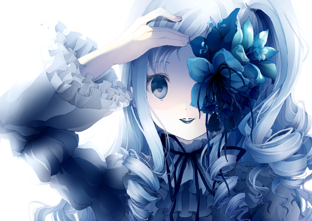 blue_eyes, blue_hair, blue_lipstick, curly_hair, face, flower, frills, gathers