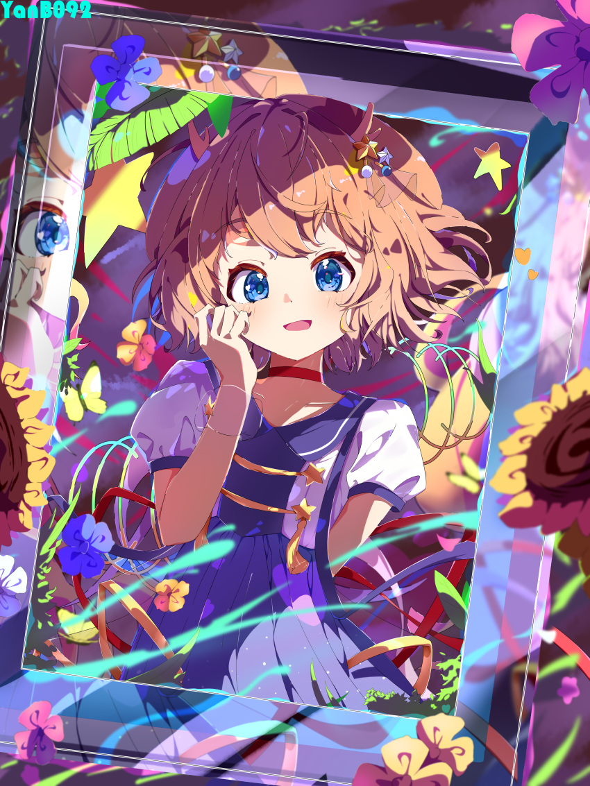 1girl, absurdres, antlers, blue_dress, blue_eyes, brown_hair, bug, butterfly