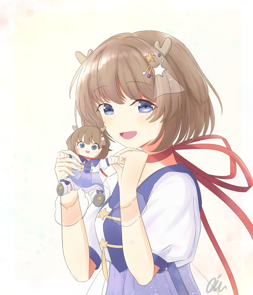 1girl, absurdres, antlers, blue_dress, blue_eyes, brown_hair, chibi_doll, choker
