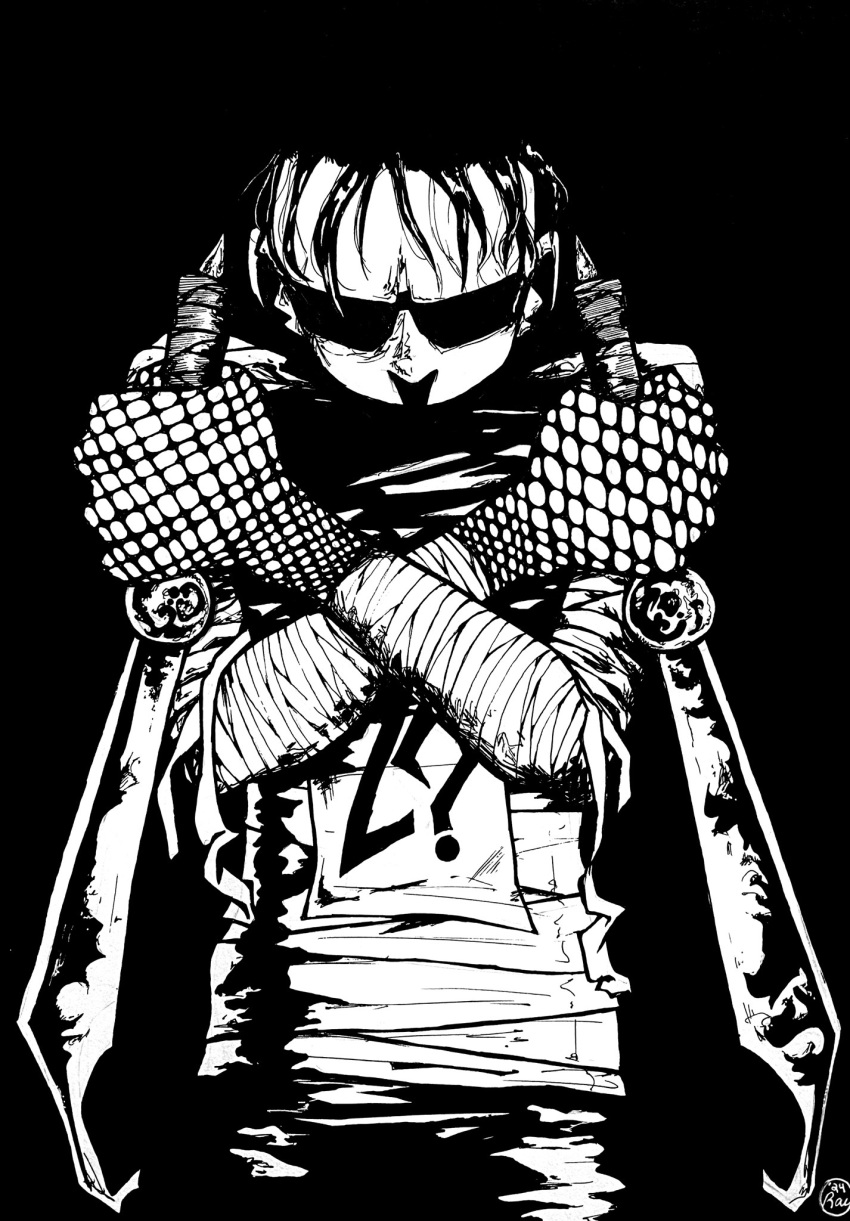 1boy, ?, badken-00, bandaged_arm, bandages, black_hair, commentary, derivative_work