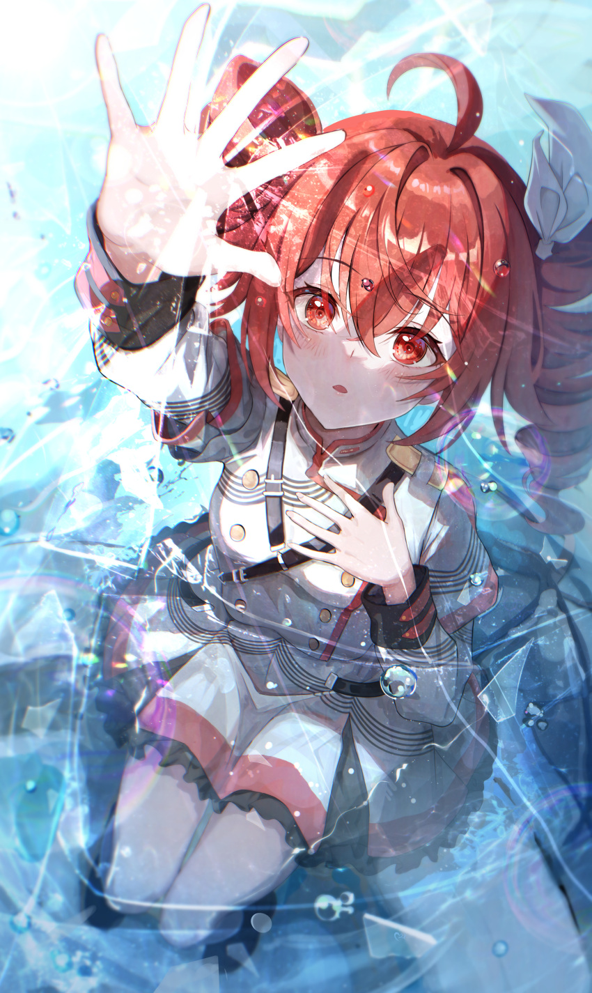 absurdres, ahoge, belt, buttons, ccczr, commentary, crack, double-breasted, dress, drill_hair, frilled_skirt, frills, from_above, grey_jacket, grey_skirt, hair_ribbon, hand_on_own_chest, hand_up, high_collar, highres, jacket, kasane_teto, kasane_teto_(sv), layered_dress, long_sleeves, open_mouth, red_eyes, red_hair, red_trim, ribbon, shoulder_boards, sitting, skirt, synthesizer_v, twin_drills, twintails, utau