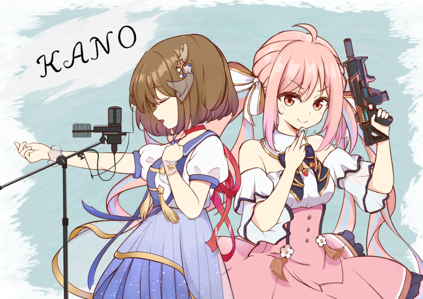 2girls, animal_ears, antlers, back-to-back, blue_eyes, brown_hair, buttons, commentary_request