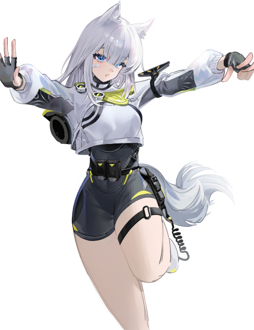 1girl, animal_ear_fluff, animal_ears, arknights, arknights:_endfield, arms_up, bandaid, bandaid_on_cheek
