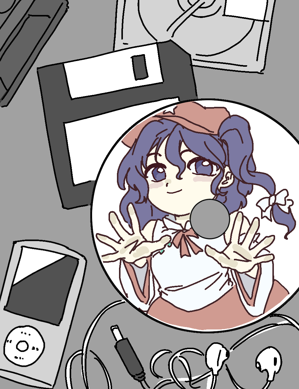 1girl, against_glass, audio_jack, bare_shoulders, blue_eyes, blue_hair, blush, bow, busujima_tetoro, cassette_tape, cd, cd_case, closed_mouth, collar, commentary_request, detached_sleeves, dolls_in_pseudo_paradise, earphones, floppy_disk, grey_background, hair_bow, hand_on_glass, hat, highres, ipod, label_girl_(dipp), long_hair, looking_at_viewer, mp3_player, newsboy_cap, open_hands, palms, red_bow, red_hat, red_skirt, reflection, shirt, side_ponytail, skirt, smile, solo, star_(symbol), touhou, trapped, upper_body, white_bow, white_collar, white_shirt, wide_sleeves, wire, wrinkled_fabric
