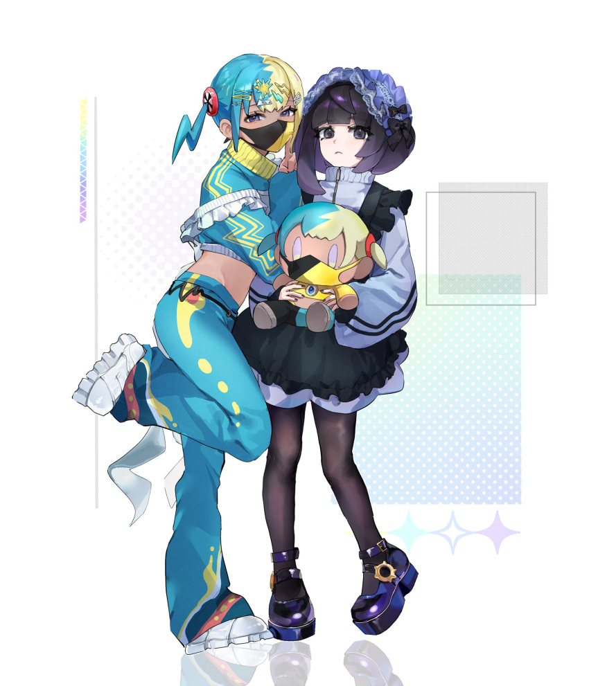 2girls, alternate_costume, aqua_hair, aqua_jacket, aqua_pants, black_dress, black_hair, black_nails