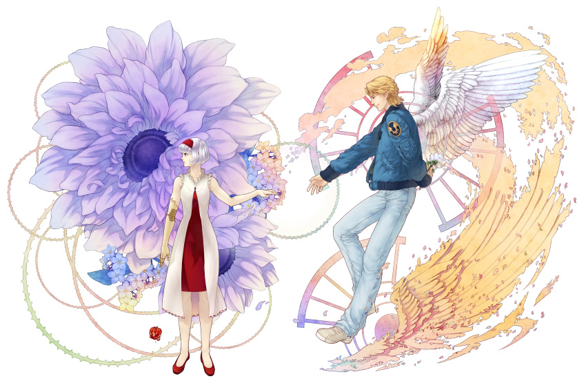 1girl, android, angel, angel_wings, bare_shoulders, blonde_hair, blue_eyes, blue_jacket