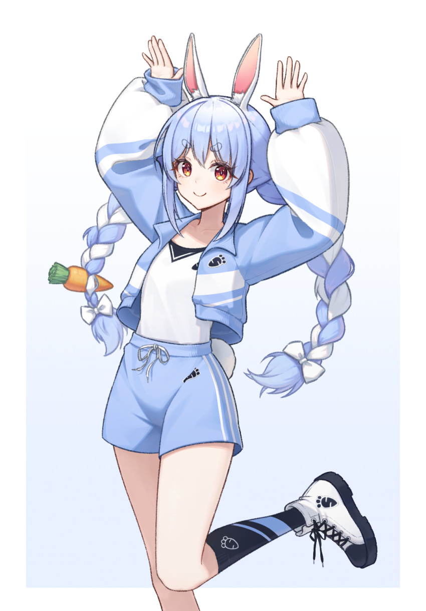 1girl, animal_ear_fluff, animal_ears, arms_up, black_socks, blue_background, blue_hair, blue_jacket