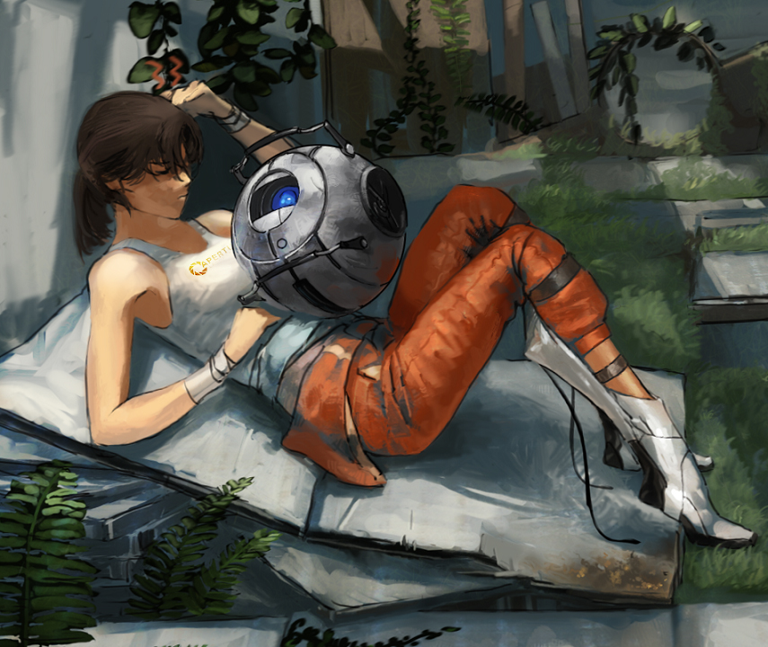 bandage, bare_shoulders, boots, brown_hair, chell, closed_eyes, clothes_writing, eyes_closed