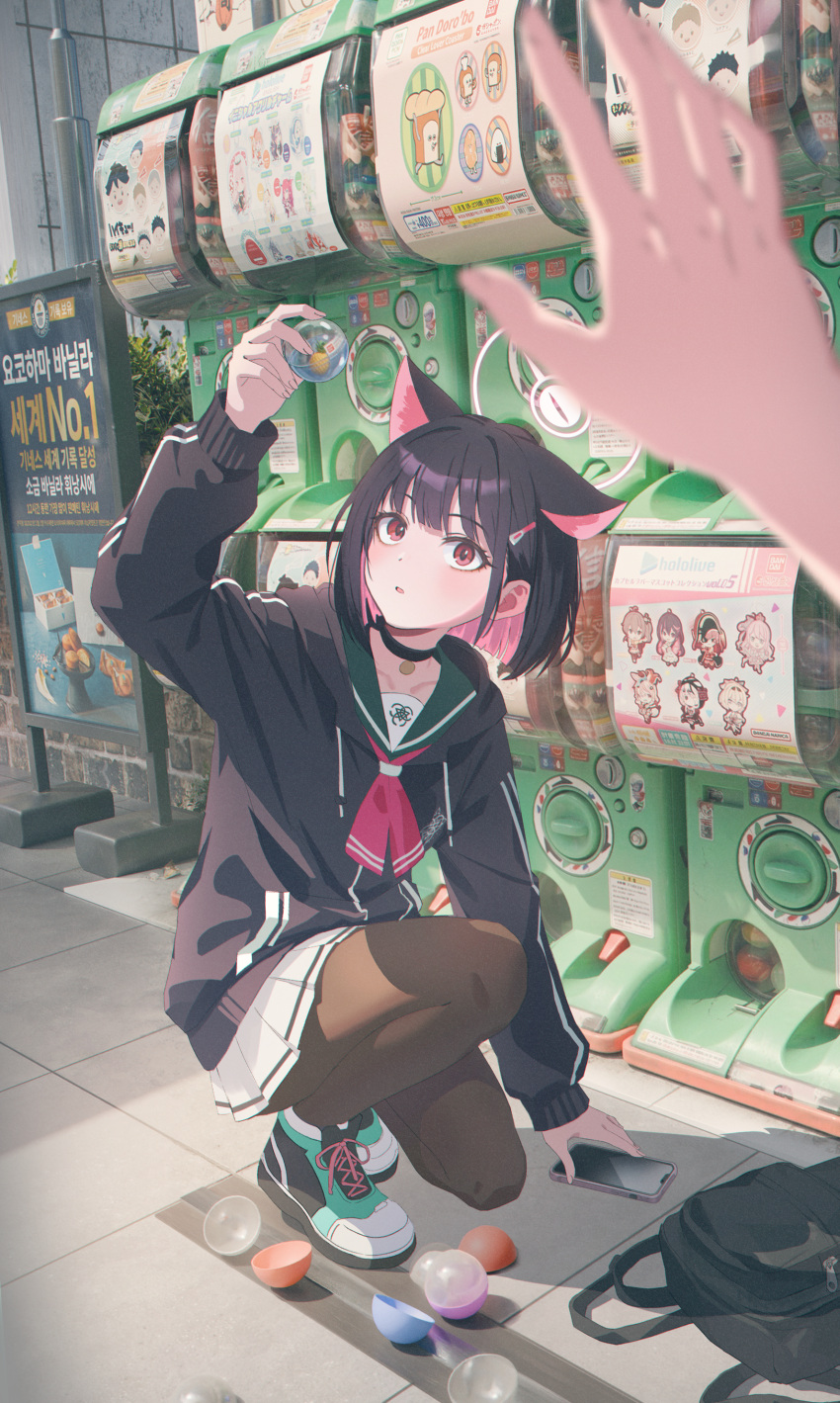 1girl, 1other, absurdres, bag, blue_archive, blueland, blurry, blurry_foreground