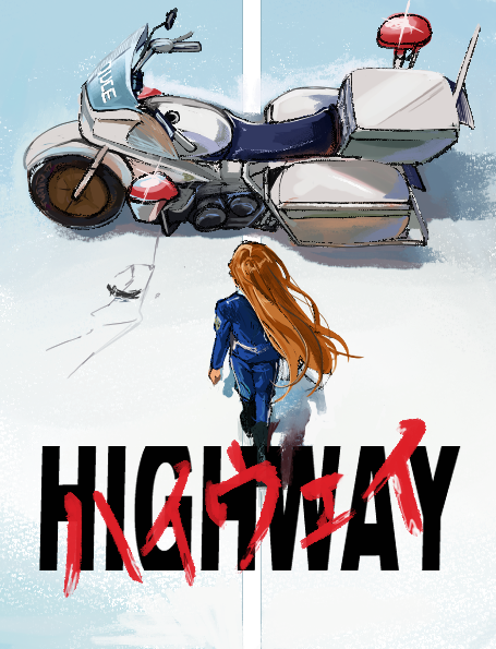 1girl, akira_(manga), akira_movie_poster, blue_jacket, boots, brown_hair, commentary_request, from_above