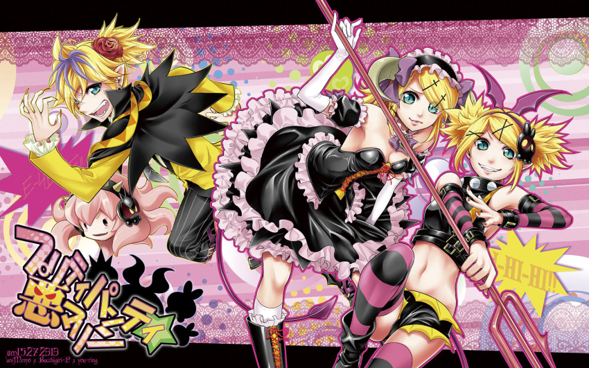 aqua_eyes, bare_shoulders, blonde_hair, brother_and_sister, detached_sleeves, dress, elbow_gloves, fang