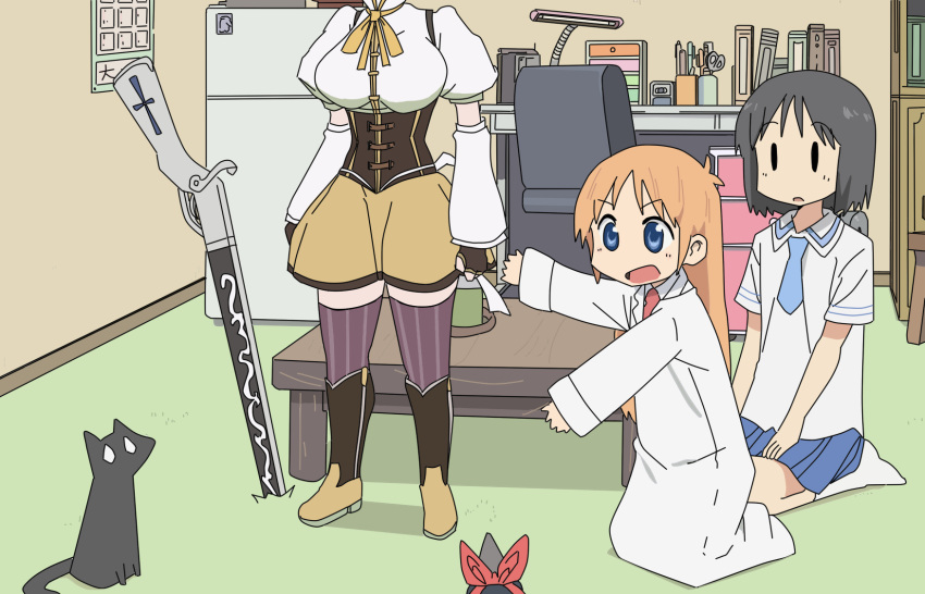 black_cat, black_cat_(animal), black_eyes, black_hair, blonde_hair, blue_eyes, boots, brown_legwear